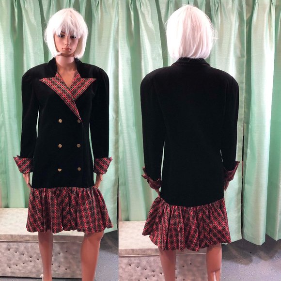 Vintage 1980s Frank Usher black velvet and plaid - Picture 1 of 5